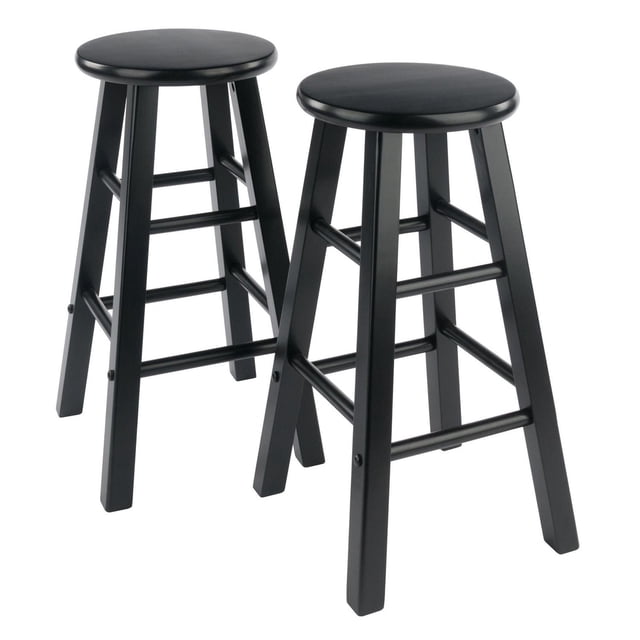 Winsome Element 24" Black Finish counter stool set with two solid wood stools featuring round seats and square legs in polished black. Each stool has eight crossbars for stability and footrests, supporting 220 lbs, suitable for kitchen or dining seating and often used as extra seating for guests.