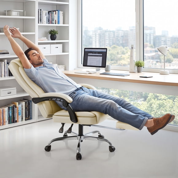 Homall Chaise de Bureau à Domicile, Chaise de Direction Réglable en Cuir avec Accoudoirs, Ergonomique, Dossier Haut, Coussin, Soutien Lombaire, Chaise de Bureau pour Ordinateur, Blanc