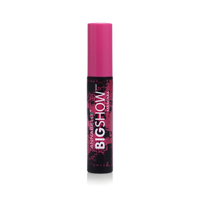 Bigshow Mascara par Annabelle en tube Cylindrique avec Capuchon Rose Vif et Corps Noir, avec Graphiques Rose Vieilli et Texte Blanc, avec une Formule Volumisante et une Brosse Sans Grumeaux Offrant un volume jusqu'à 13X, Convient aux Yeux Sensibles et aux Porteurs de Lentilles de contact, Souvent Utilisé pour des looks de Maquillage des Yeux Dramatiques.