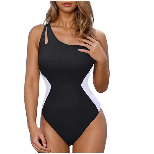 Diufon Women's Swimsuit Trendy Color Block Single Shoulder Backless Bathing Suits Summer Beach Sport Swimwear