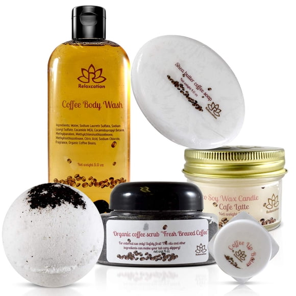"Coffee Lovers Gift Set - Relaxation and Moisturizing Coffee Brown Sugar Scrub, Bath Bomb, Coffee Candle, Bath Body Wash, Shea Butter Soap and Balsam For Lips - Handmade in USA"