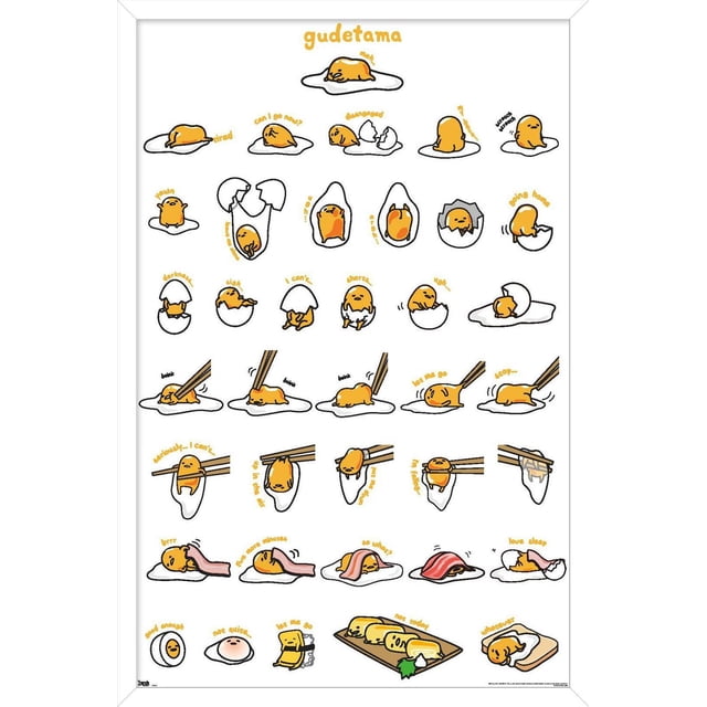 Gudetama - Affiche Murale à Carreaux, 14,725 Pouces x 22,375 Pouces, une Impression d'Art Mural Encadrée Présentant Plusieurs Petites illustrations de Dessin Animé du Personnage Oeuf Paresseux Gudetama en Diverses poses sur Fond Blanc, Imprimée avec une Finition Satinée de Qualité Supérieure pour des Couleurs Vibrantes et un Éclat minimal, Légère et Facile à Accrocher, Parfaite pour Décorer les Chambres, Bureaux, Dortoirs et Salons.