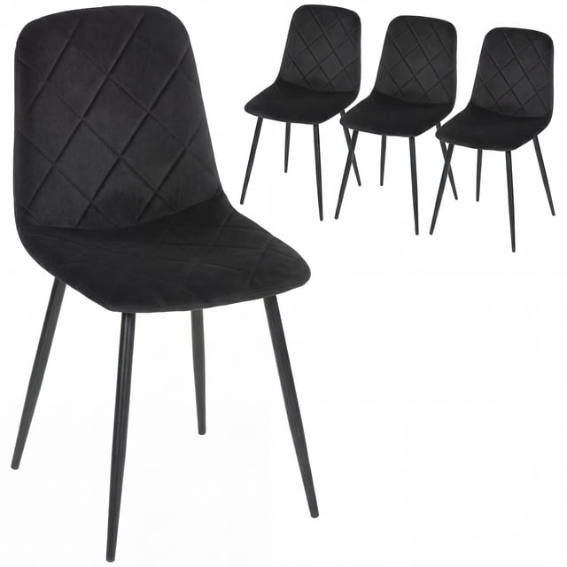 HOMCOM Dining Chairs Set of 4, Kitchen Chair with Metal Legs, Black. Set of four black velvet-feel side chairs with tufted padded seats (seat thickness 2"/5 cm), solid backs, powder-coated steel legs with protective foot pads, overall 17.7"W x 21.3"D x 34.3"H (45 x 54 x 87 cm); also suitable as extra seating at a vanity or home office desk.