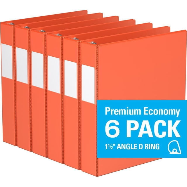 Davis Group Premium Economy D Ring Binder 6 Pack 1.5 inch with six orange binders featuring 1.5 inch angle D rings, white full-width label holders on spines, and reinforced edges, suitable for organizing documents in offices, schools, and conferences.
