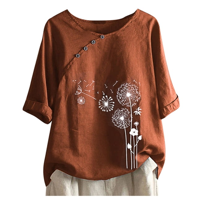 Penkiiy T-Shirts d'Été pour Femmes Décontractés en Coton et Lin, Manches Courtes, Col Rond, Coupe Ample, T-Shirts Graphiques à Motif Floral, TG, Rouge