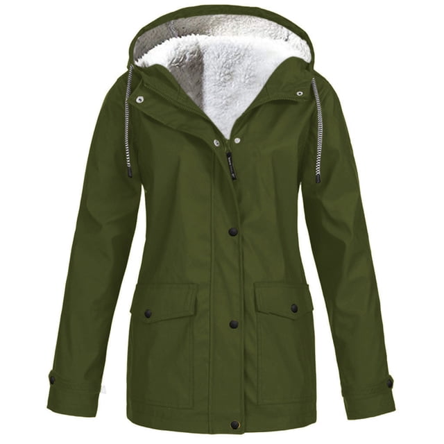 Aqestyerly Women Windproof Hooded Raincoat, Plus Velvet Solid Outdoor Jacket for Winter Rain and Wind Protection HWRETIE. This olive green raincoat features a solid design with a hood lined with soft white velvet for added warmth. It has long sleeves, front button closures, and two front pockets with buttoned flaps. Made from lightweight polyester, it is windproof and suitable for casual, daily, or outdoor wear during winter and spring. Available in multiple sizes, including plus sizes.