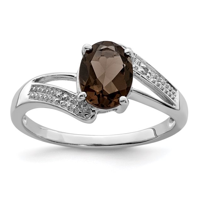 Bague en Argent Sterling 925 Plaquée Rhodium avec Quartz Fumé et Diamant