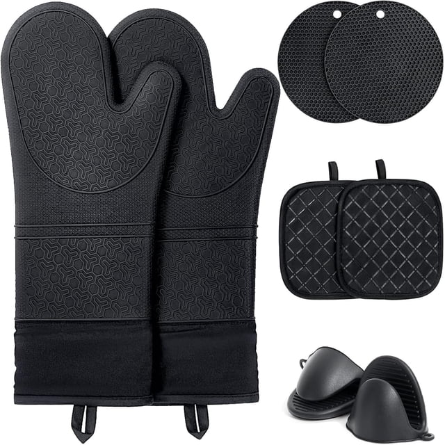 Oven Mitts and Pot Holders Sets Pot Holders and Oven Mitts Heat Kitchen Silicone Oven Mitts with Soft Cotton Lining .Extra Long Oven Gloves for Cooking