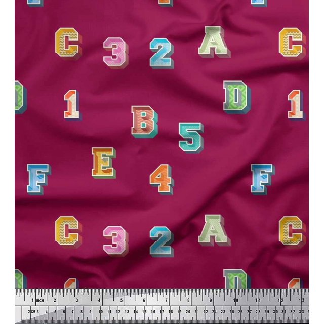 Soimoi Japan Crepe Satin Fabric Numbers & Alphabets Text Printed Craft Fabric by The Yard 42 Inch Wide