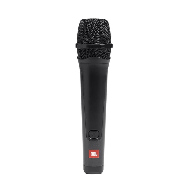 JBL PBM100 Wired Dynamic Vocal Mic with Cable, front-facing black handheld microphone with wire mesh grille and power button on handle, featuring cardioid polar pattern and red JBL logo, designed for vocal clarity in DJ and electronic music setups.
