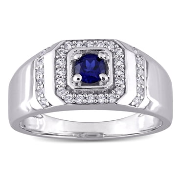 Miabella 5/8 Carat T.G.W. Created Blue Sapphire and Created White Sapphire Sterling Silver Halo Men's Band