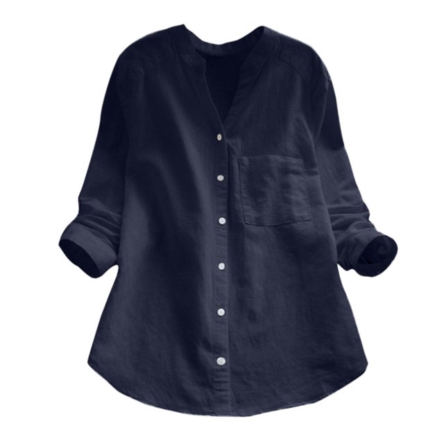 Chemise Blouse Décontractée pour Femmes en Coton et Lin Uni à Manches Longues, Boutonnée