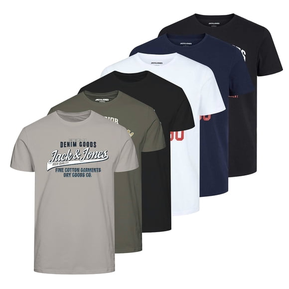 JACK&JONES T-Shirt pour Homme, Lot de 6 - T-Shirt JJETHAN à Col Rond, Logo Vintage, Coton Blanc/bleu Marine/noir/vert/gris m (Moyen)