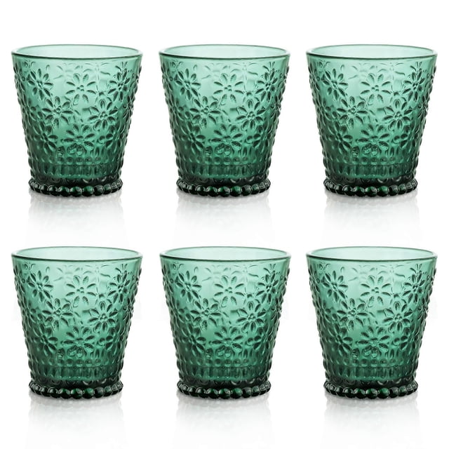 Drinking glasses colorful glass - set of green water glasses with daisy pattern - vintage stackable water glass for drinks, cocktails, tea