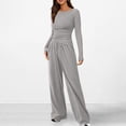 thumbnail image 2 of Timegard Women 2 Piece Outfits Slim Long Sleeve Round Neck Tops Drawstring Wide Leg Pants Solid Color Sets, 2 of 7