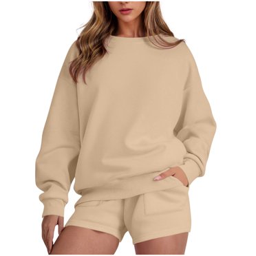 HAiming Ensemble 2 Pcs pour Femmes Chandail Col Rond Chandails en Molleton et Shorts Surdimensionnés Amples