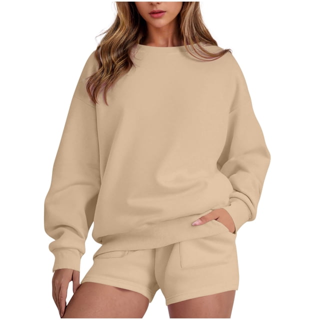 HAiming Ensemble 2 Pcs pour Femmes Chandail Col Rond Chandails en Molleton et Shorts Surdimensionnés Amples