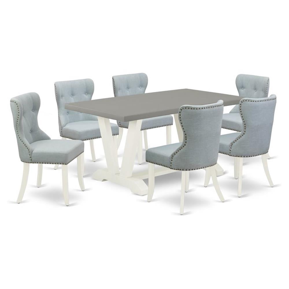 Pemberly Row 7-Piece Dining Set with Baby Blue Chairs and Cement Table Finish