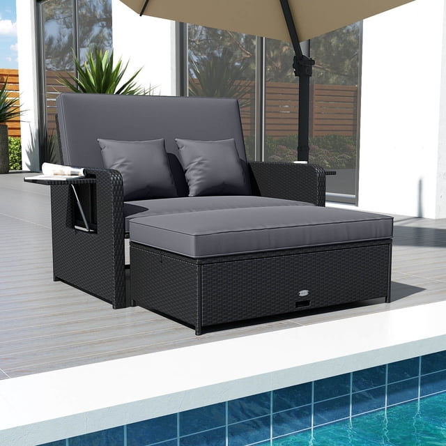 Costway Lot de 2 Lits de Jour d'Extérieur en Osier PE avec Dossier Réglable à 4 Niveaux, Pouf de Rangement Gris + Noir