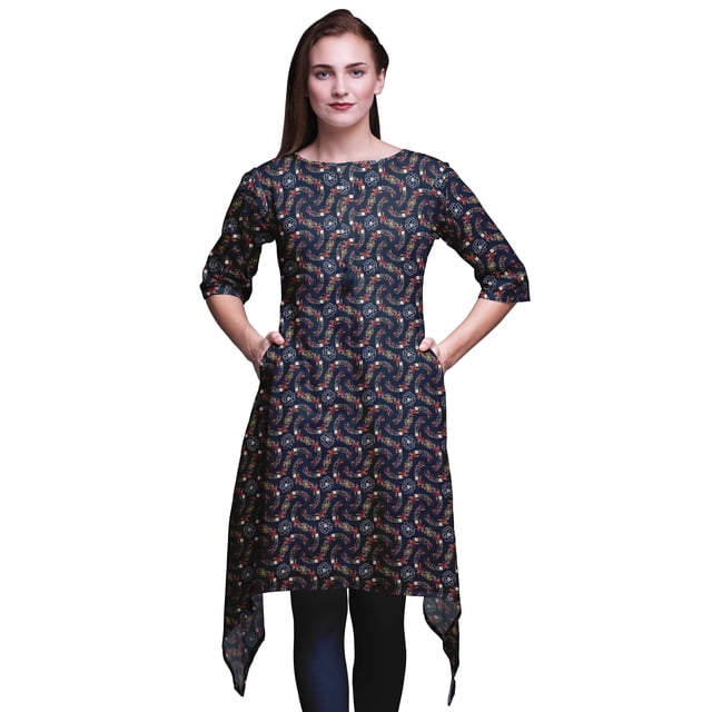 Bimba Kurti Asymétrique à Imprimé Floral Bleu Anémone et Roses pour Femmes, Robe d'Été Indienne Tunique XXX-Large