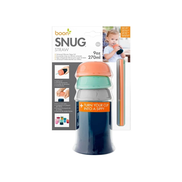 Boon Couvercles à Paille Ajustés et Gobelet Vert/gris/orange avec Trois Couvercles en silicone Anti-Déversement orange, Vert et Gris Superposés sur un Gobelet Bleu Marine, Incluant Trois Pailles Assorties, Conçus pour s'Adapter aux Gobelets de 2,5 à 3,75 Pouces de Diamètre et Contenir 9 oz (270 ml), Convenant pour Transformer des Gobelets Réguliers en Gobelets à Bec Adaptés aux Tout-Petits.