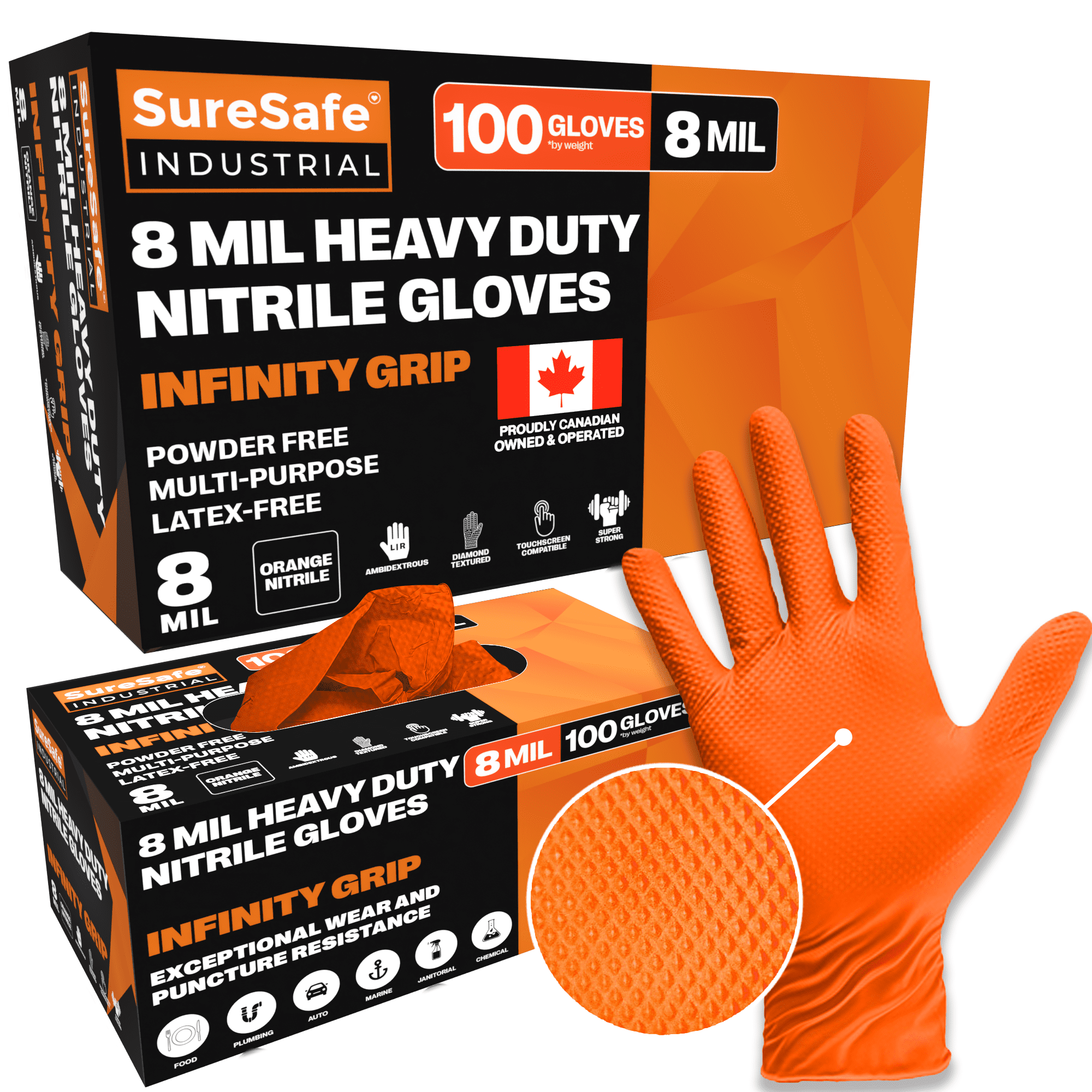 SureSafe 8 Mil Orange Nitrile Disposable Gloves, BBQ, Medium, 100 Count