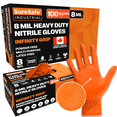 thumbnail image 1 of [100 Pack] SURESAFE 8 Mil Nitrile Gloves XXL, Orange Rubber Gloves Disposable, Powder & Latex Free, Diamond Grip, Fully Textured & Ribbed, For Work, Mechanics, BBQ, Plumbing, Food Prep, 1 of 6