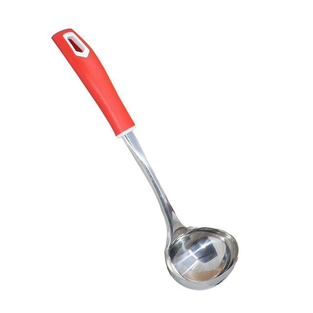 Verka Stainless Steel Kitchen Ladle with a deep rounded rust-resistant stainless steel bowl and a long curved handle featuring a red heat proof grip and hanging hole, ideal for serving soups and stews, dishwasher safe for easy cleaning.