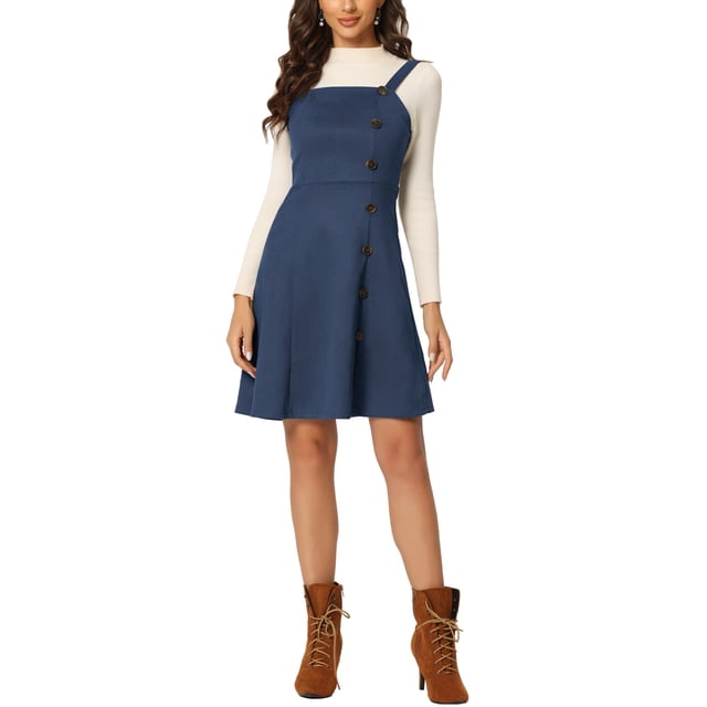 INSPIRE CHIC Women's Faux Suede Button Decor A-Line Mini Overall Dress L Dark Blue