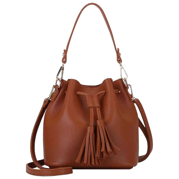 ziyahi Bucket Bag Faux Leather Tassel Drawstring Crossbody Pouch Women Solid Color Shoulder Bag Handbag, Brown