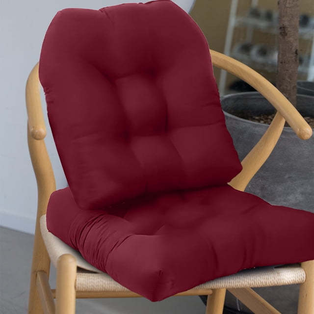 Fridja 2 Pcs High Back Chair Cushions for Outdoor Indoor, crafted from soft corduroy material in a deep red color. These tufted cushions feature overstuffed cotton filling for comfort and support, ideal for patio furniture, rocking chairs, or indoor seating. Perfect for enhancing patio decor, they measure 19 x 19 inches and are displayed on a wooden chair in a modern indoor setting.