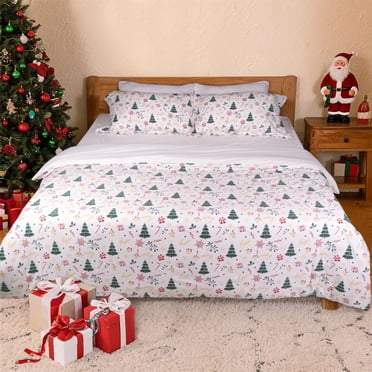 Kingrest 100% Cotton Queen Christmas Duvet Cover Set - 2 Piece Soft & Breathable Bedding Set, Lightweight Comforter Cover with Zipper Closure, 16" Deep Pocket,(Christmas Trees)