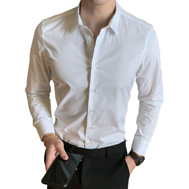 Men Business Shirt Button Placket Long Sleeve Lapel Solid Color Single-breasted Warm Soft Cardigan Plus Size Spring Shirt Men Clothes