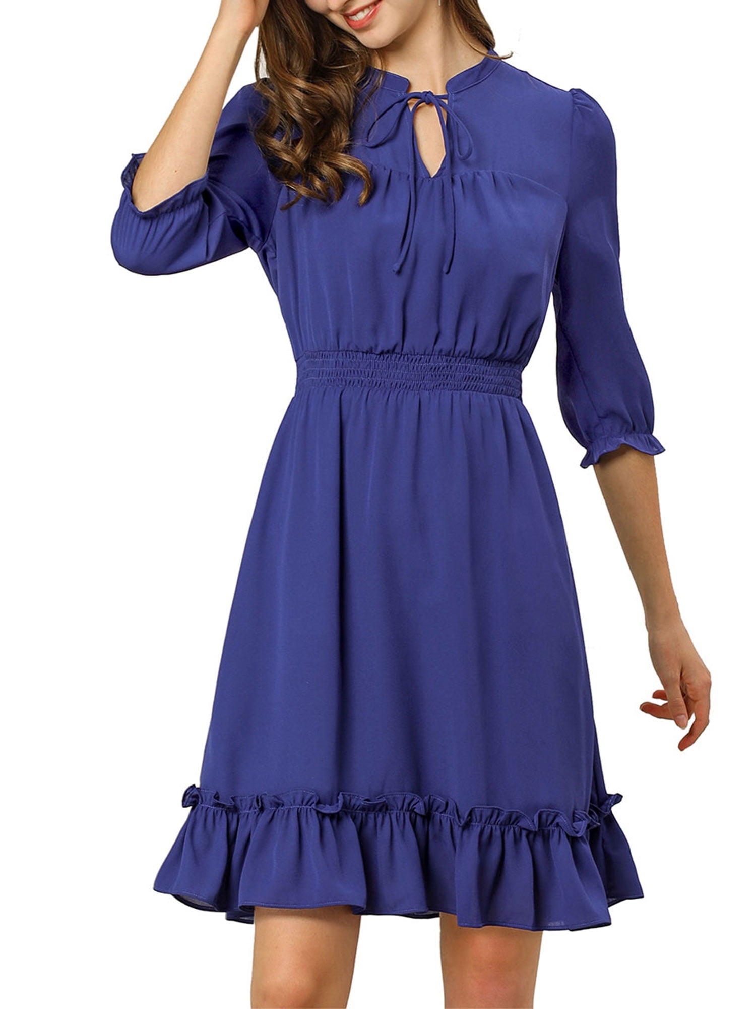 INSPIRE CHIC Women's Layered Ruffle Hem 3/4 Sleeves Smocked Chiffon A-Line Dress L Royal blue