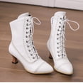 thumbnail image 3 of B91xZ Bottes de Combat Femmes Mode Talon Bas Fermeture Éclair Bottes Plissées Mi-Mollet Chaussures, Blanc 9, 3 of 5