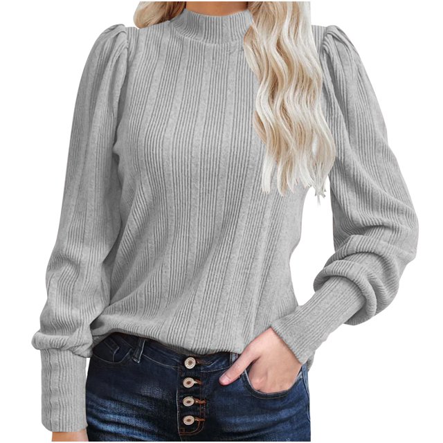 Timegard Womens Fall Tops Long Puff Sleeve Crewneck T Shirts Casual Sports Solid Color Basic Blouses