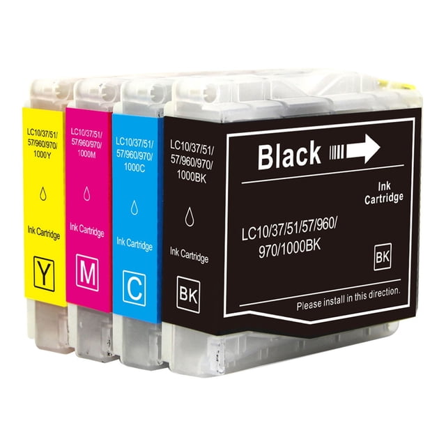 L-ink Compatible Ink Set LC51 (LC-51) includes four color-coded ink cartridges in black, cyan, magenta, and yellow with model numbers LC10/37/51/57/960/970/1000, designed for Brother printers, featuring clear plastic casing and installation direction labels, ideal for economical printing consumables.