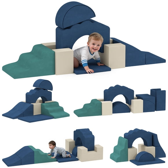 Qaba 7-Piece Baby Soft Play Set, Foam Climbing Blocks Set, Navy Blue