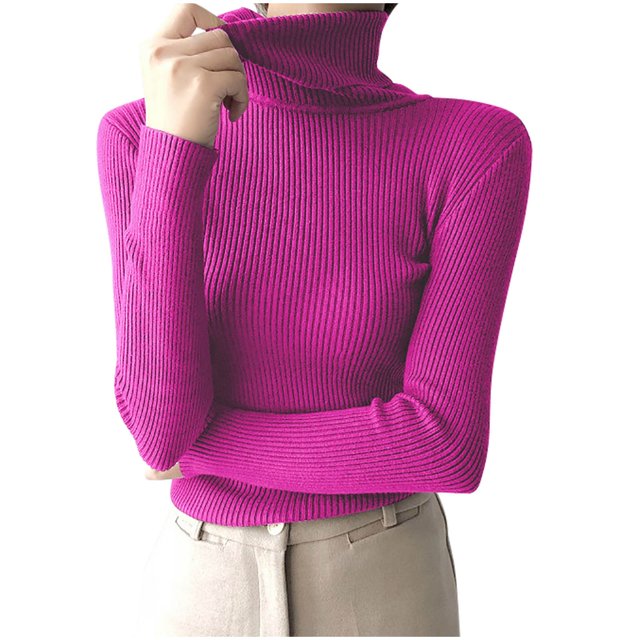 Yuyuzo Sweaters for Women Long Sleeve Turtlenecks Ribbed Knit Comfy Slim Fitted Basic Pullover Tops in a vibrant magenta color. This women's turtleneck sweater features a ribbed texture, long sleeves, and a high neckline for a snug and stylish fit. Paired with neutral beige trousers, it is suitable for casual or semi-formal occasions.