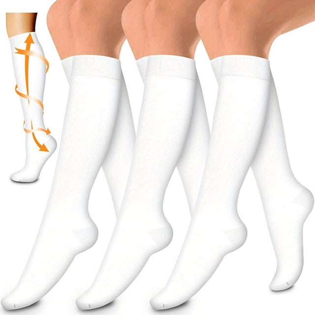 3 pairs of MayDing copper compression socks for blood circulation, offering 15-20mm Hg compression. These knee-high compression stockings are white and suitable for women and men. The image shows the socks in a front-facing view with circulation arrows illustrating their functionality.