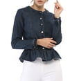 thumbnail image 1 of INSPIRE CHIC Women's Round Neck Button Down Ruffled Hem Cropped Washed Denim Jacket Blue L, 1 of 7
