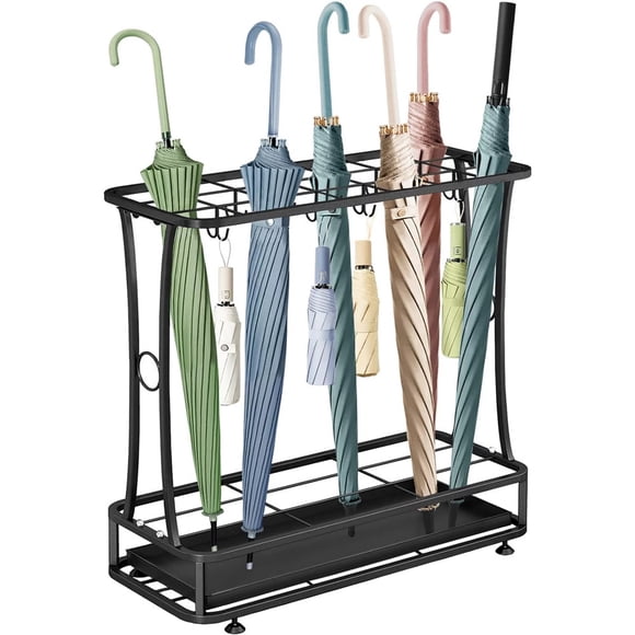 TEAFIRST Support de Parapluie, Porte-Parapluie 21 Emplacements avec Plateau d'Égouttement Amovible, avec 24 Crochets Noir