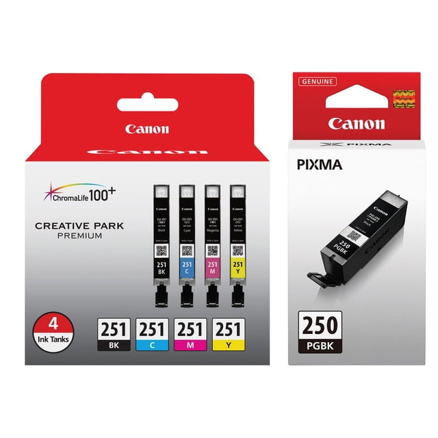 Genuine Canon CLI-251 4-Cartridge Ink Set and PGI-250 Black Ink Tank. The set includes four CLI-251 ink cartridges in black, cyan, magenta, and yellow, along with a PGI-250 black ink tank. Packaged in a red and white Canon-branded box, compatible with Canon PIXMA printers.