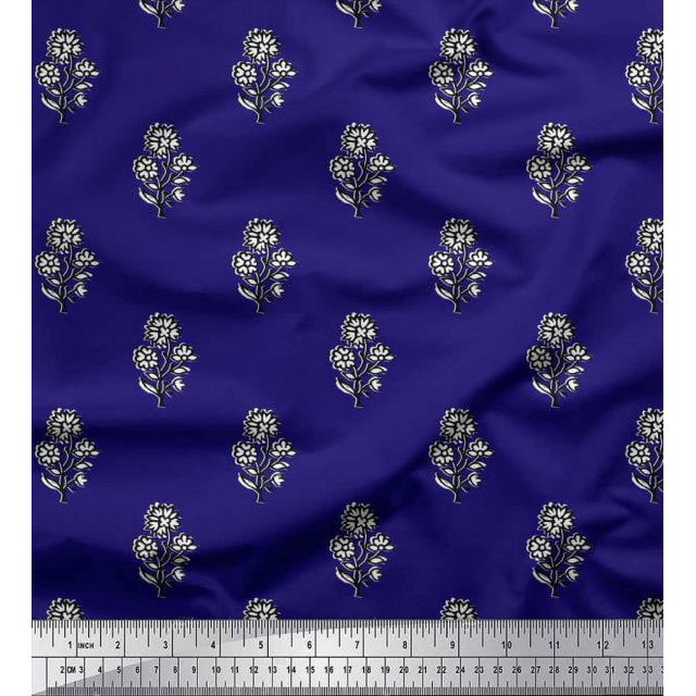 Soimoi Silk Fabric Leaves & Floral Block Printed Fabric 1 Yard 42 Inch Wide
