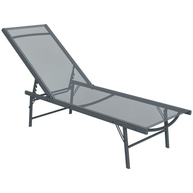 Outsunny Chaise Longue d'Extérieur Pliante avec Dossier Réglable en Gris Pâle. Conçue pour l'Extérieur, Ce Mobilier de patio Présente un Siège en Maille Respirante, un Cadre en Acier Enduit de Poudre et des Pieds Pliables pour un Rangement et une Portabilité Faciles. le Dossier s'Ajuste à Cinq angles pour un Confort Personnalisé, Idéal pour patios, Pelouses Ou Plages.