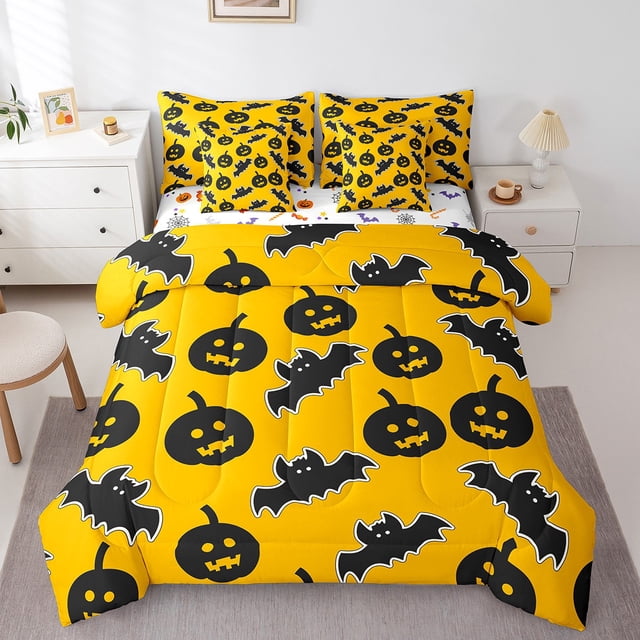 YST Ensemble de Douillette Simple 7 Pcs, Ensemble de Lit Réversible d'Halloween Simple, Ensemble de Literie Simple Lanterne Citrouille avec Douillette Chauve-Souris Noire, Drap Plat, Drap-Housse, Taies d'Oreiller, Couvre-Oreillers