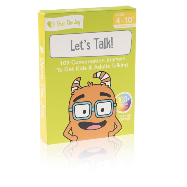 Let's Talk! conversation cards box with 109 conversation starters for kids and adults aged 4 to 10 plus to build social skills, showing a cartoon orange character with glasses and striped horns on a lime green background, suitable for family and group use.