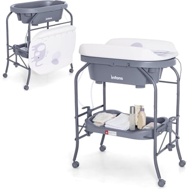 INFANS Baby Changing Table with Bathtub, Foldable Diaper Dresser Station with Removable Bath Support Wheels Waterproof Pad Storage Rack, Portable Nursery Organizer Stand for Newborn Infant