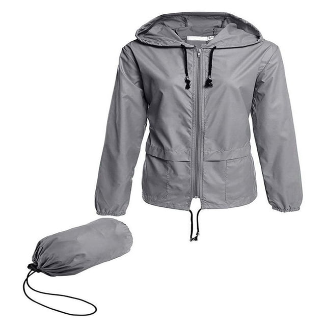 Women Lightweight Waterproof Rain Jackets Solid Color Zipper Open Front Coat Windbreake