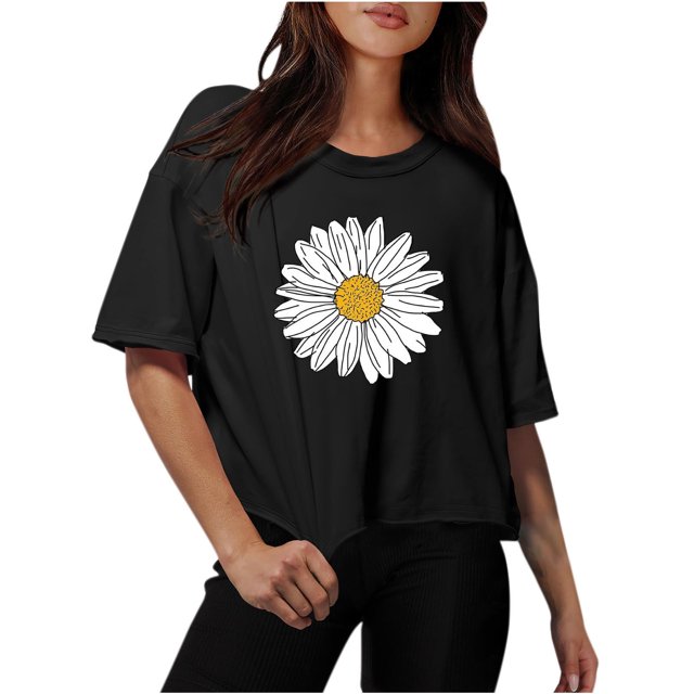 Lolmot Women Drop Shoulder Round Neck Oversized Crop Tops Workout Tops Tees
